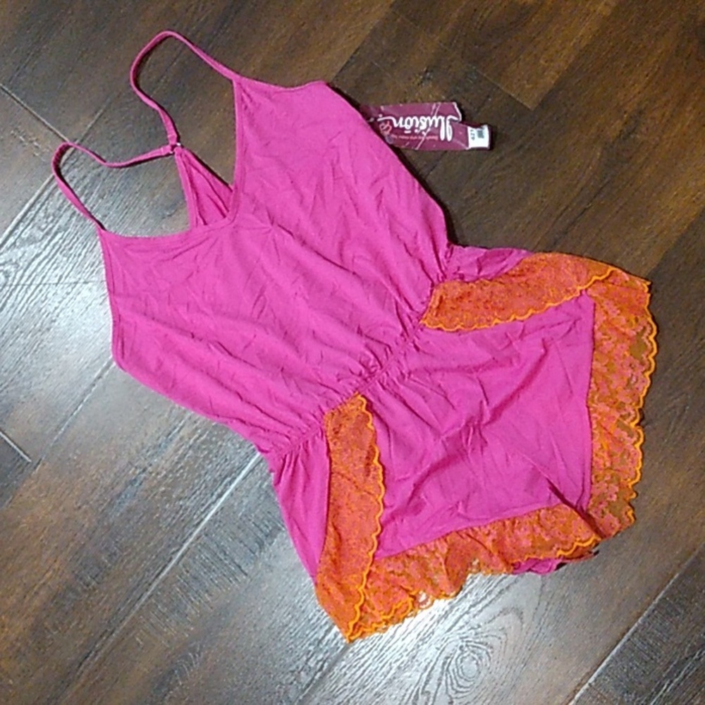 NEW Illusion BARBIE PINK HOT ROMPER SZ M ORANGE LACE TRIM LINGERIE SHORTS SUMMER